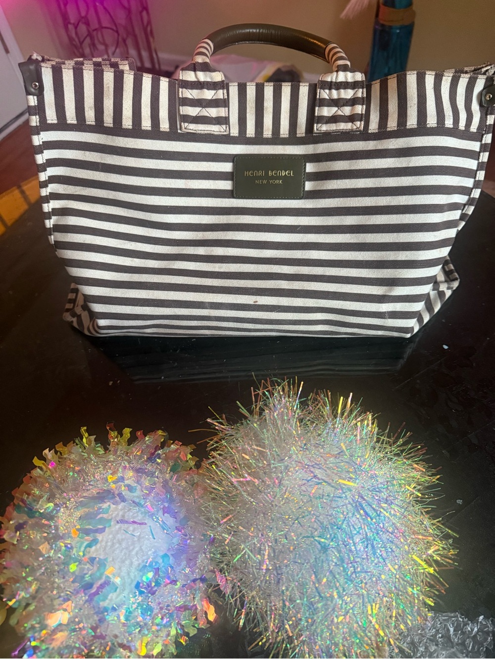 henri bendel Black and White Striped Canvas Tote